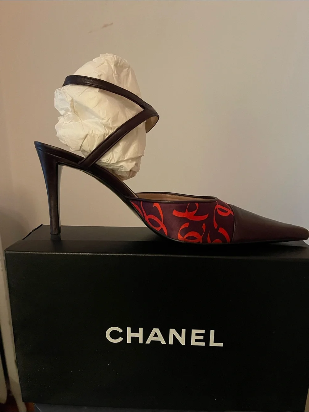 CHANEL dark burgundy Leather Pointed Toe Heel with Red Patterned Side